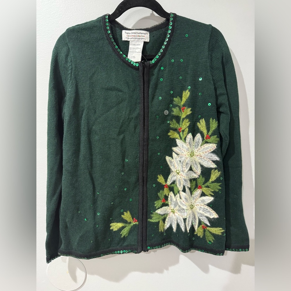 Tiara International Christmas Collection Sweater Poinsettia Y2K Knit NWOT Sz L